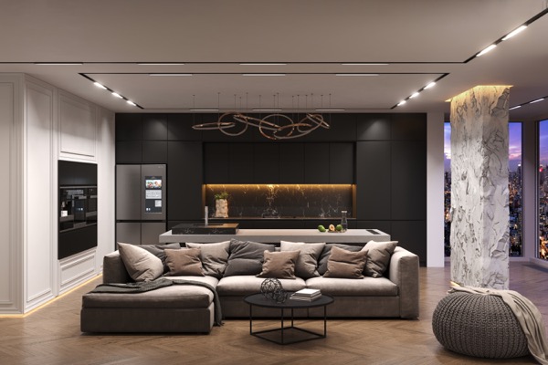 Elegantes offenes Wohnzimmer bei Abendstimmung mit grauem Ecksofa, schwarzer Designerküche mit Marmorrückwand und Skyline-Blick