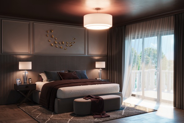 Stimmungsvolles Schlafzimmer in Braun- und Bordeauxtönen mit Wandpaneelen, Nachttischlampen und Balkontür