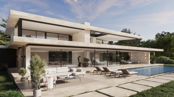 Moderne zweigeschossige Villa mit Natursteinfassade, grosser Terrasse, Loungemöbeln und langem Pool im Abendlicht